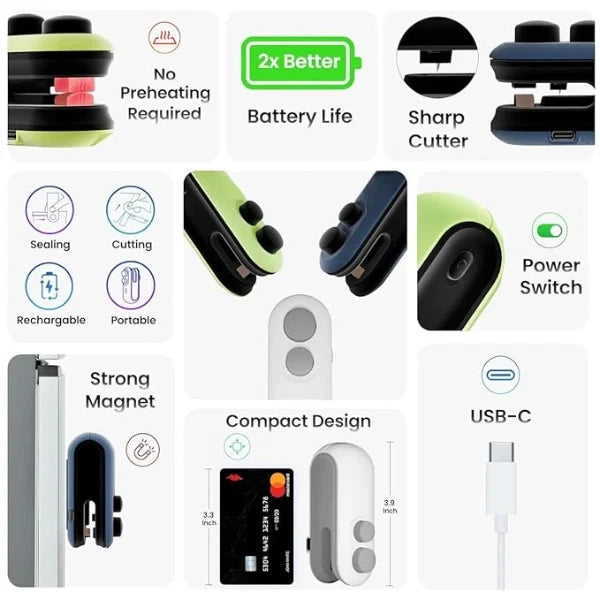 Portable Mini Sealing Machine 2 in 1 USB Rechargeable Magnetic Heat Sealing and Cutting Bag Seale